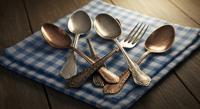 Assorted Vintage Cutlery on Plaid Napkin