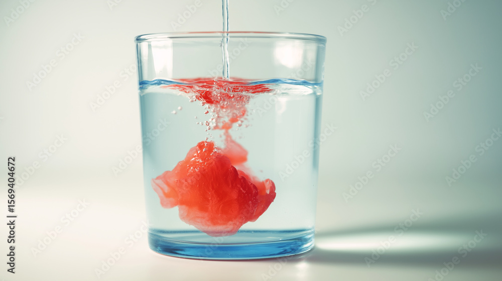 Poster Vibrant red pigment drop disperses in clear glass of water, creating dynamic and colorful swirl. contrast between red and transparent liquid is striking and visually captivating