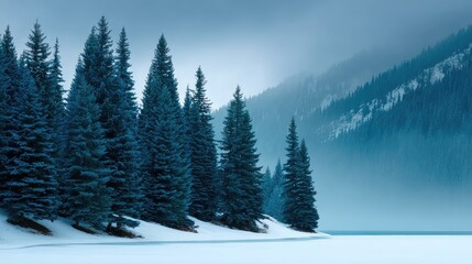 Fototapeta premium Tranquil Winter Landscape Featuring Snow-Covered Trees and Fog Rolling Over a Serene Lake Surrounded by Majestic Mountains in a Peaceful Natural Setting