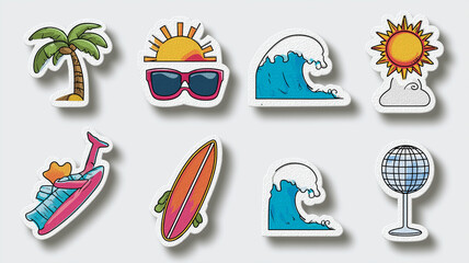 Fototapeta premium Set of colorful summer themed icons featuring palm tree, sun with sunglasses, ocean waves, and surfboard, all in playful cut out style