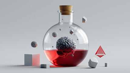 Glass flask filled with red liquid contains brain, surrounded by geometric shapes, creating surreal and thought provoking scene