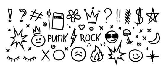 Abstract hand drawn elements punk graffiti doodles and scribbles of different shapes, Smileys crown stars arrows and various symbols drawn with chalk or pencil, Vector elements isolate.