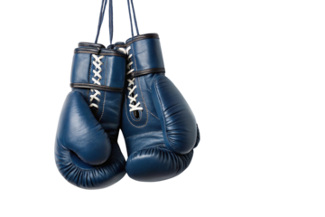 Pair of blue leather boxing gloves hanging isolated on transparent background