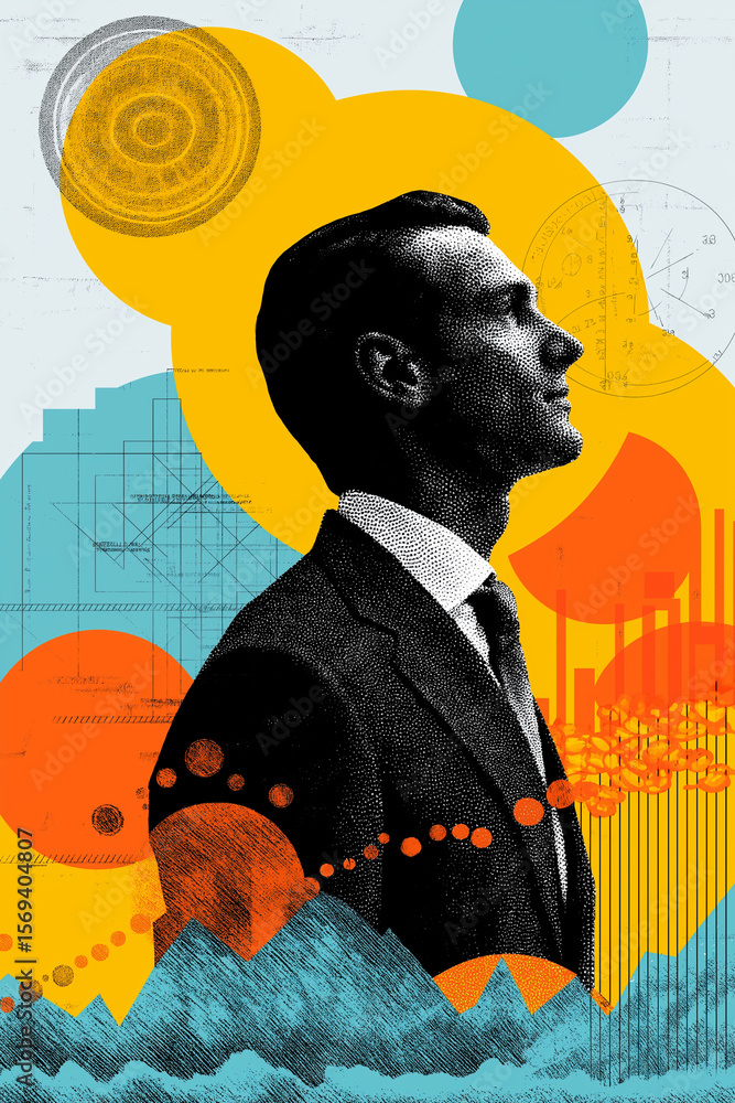 Poster man suit is depicted stylized, abstract illustration with vibrant geometric shapes and patterns, sug