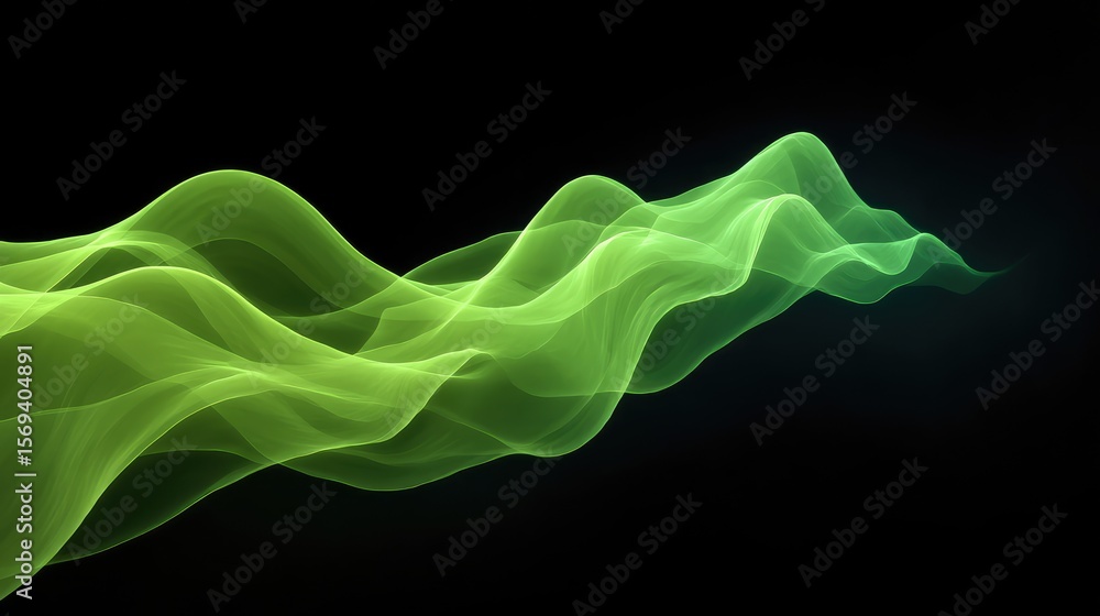 Poster abstract green wave design with smooth flowing lines on a black background, creating a sense of moti