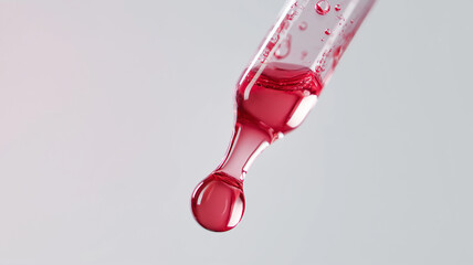 Close up of pinkish red drop falling from pipette, capturing moment of release against soft background. image conveys precision and fluidity