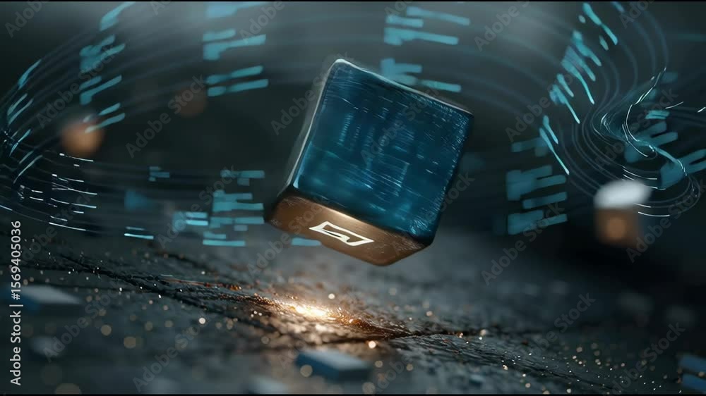 Poster technological cube in dynamic cyber space: an intricately designed technological cube floats amidst 