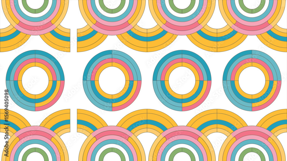 Poster a repeated pattern of colorful concentric circles and semi circles on a white background design art