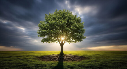 Obraz premium lonely tree in the field at sunset