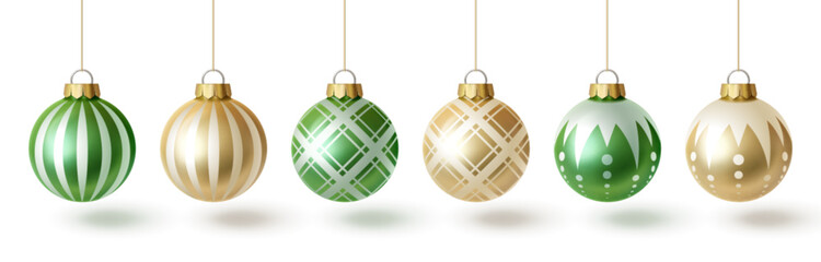 Christmas tree bauble set in 3d glass style with decorative patterns - striped, plaid, geometric and dotted ornaments hanging on golden strings, colorful holiday decorations for festive designs.