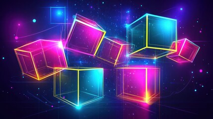 Glowing neon cubes float in a dark, abstract space, creating a vibrant, futuristic scene.