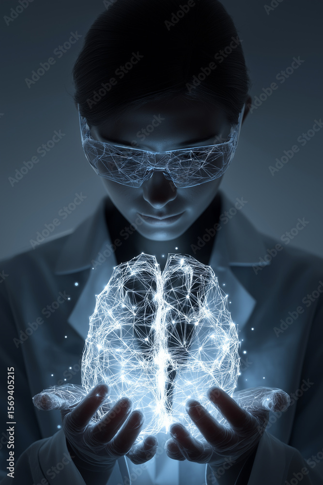Poster Scientist in lab coat and futuristic glasses holds glowing digital brain, symbolizing advanced neuroscience and AI diagnostics. image conveys innovation and technology