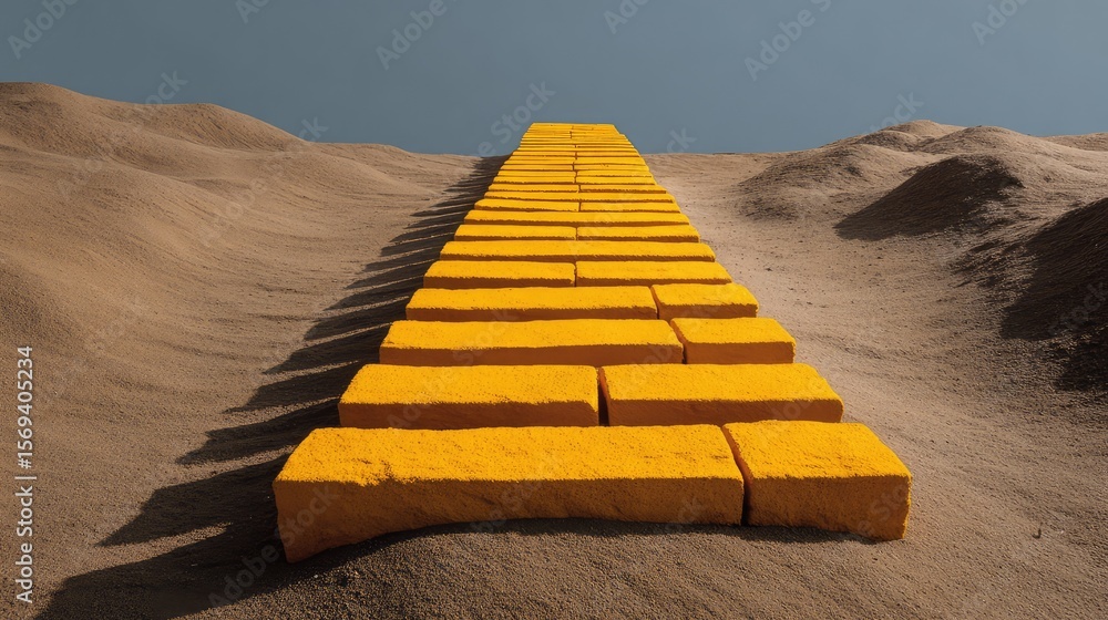 Poster a unique path of vibrant yellow blocks leading through sand dunes under a clear sky, creating an int