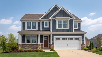 Modern suburban home with stylish exterior, lush landscaping, and clear blue sky, ideal for real estate, architecture, and family living concepts