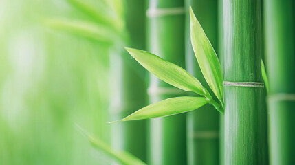 Close-up of vibrant green bamboo stalks with fresh leaves against a soft, blurred green background.