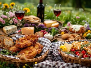 Summer Picnic Feast, Wine, Cheese, and Fried Chicken