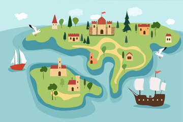Vector illustration of a fantasy island map with castles, villages, ships, and seagulls surrounded by the sea. The colorful and playful design evokes the atmosphere of adventure and exploration.