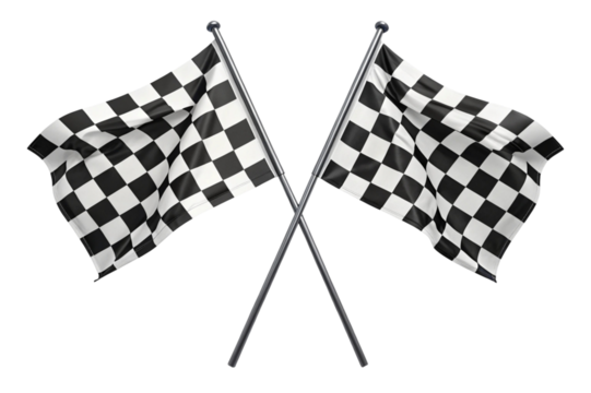Two crossed checkered flags waving isolated on transparent background