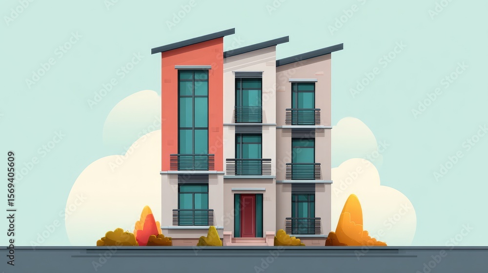 Poster modern minimalist three-story building with large windows surrounded by stylized landscaping and a c