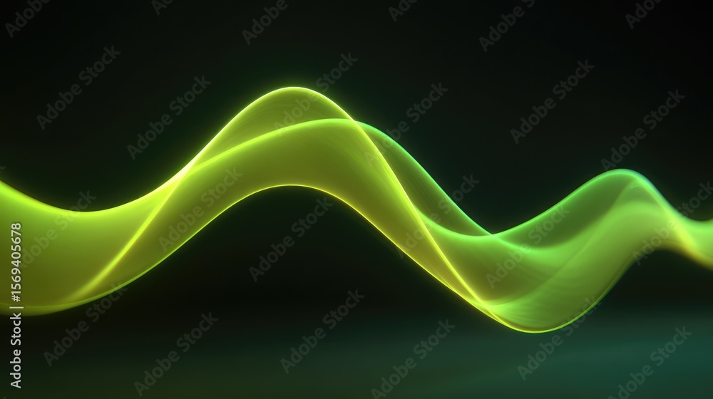 Poster abstract green wave patterns with soft glowing light on a dark background, ideal for modern technolo