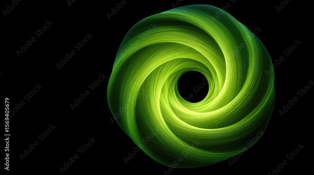Poster abstract swirling green pattern with smooth curves and depth on a black background, creating a capti