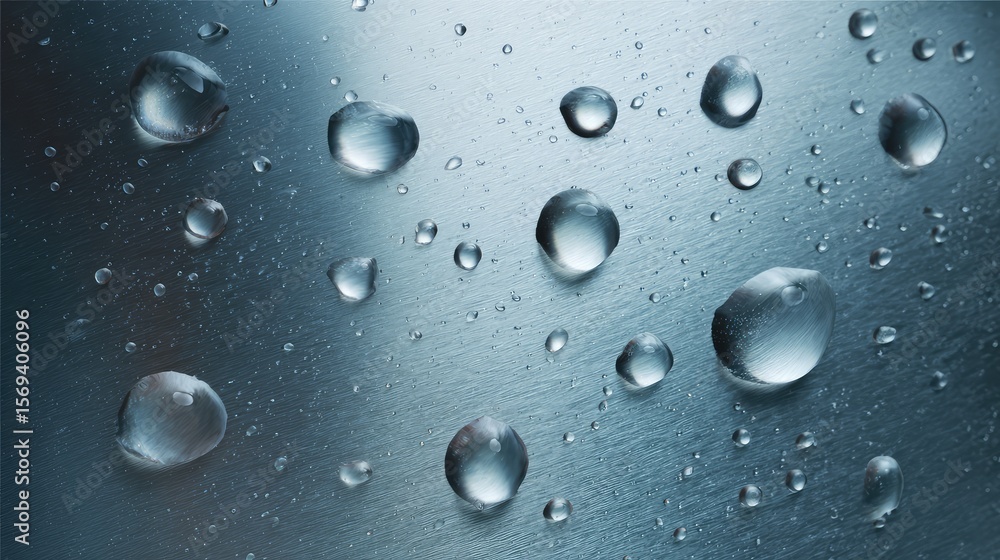 Poster close-up of water droplets on metal surface creating a beautiful abstract background with shiny text