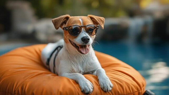 Happy dog relaxing on pool float with sunglasses in sunny weather