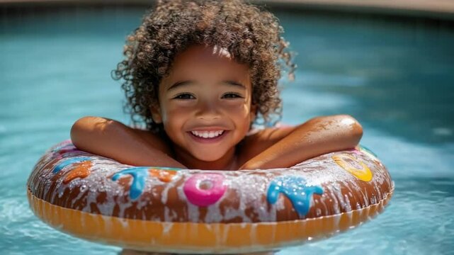 Smiling african child enjoying pool day with donut float
