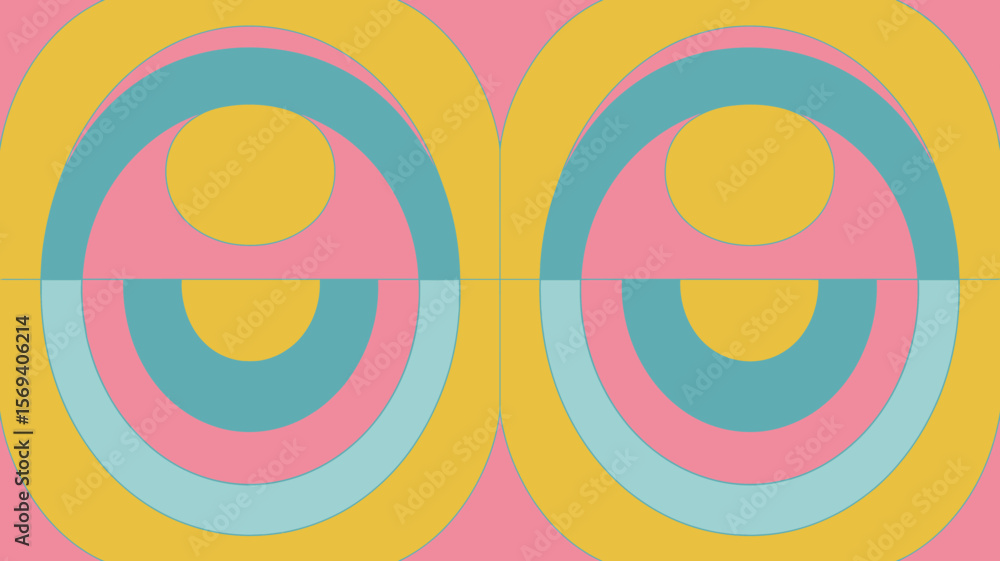 Poster a symmetrical abstract pattern featuring concentric circles and semicircles in pastel colors