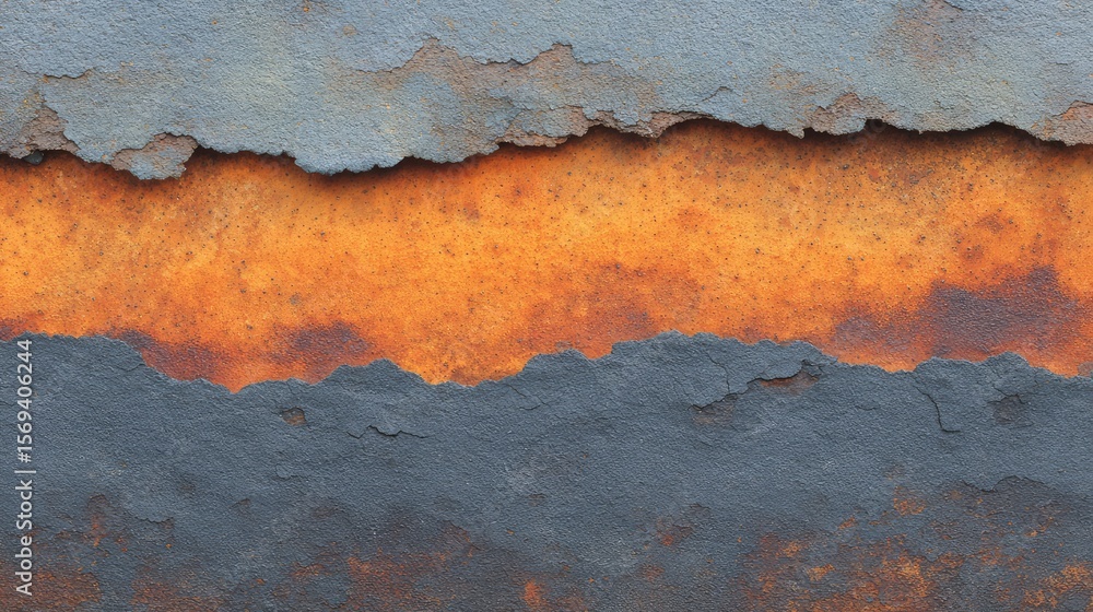 Poster abstract texture of peeling paint with layers of blue, gray, and rust colors creating a unique visua