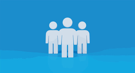 A diverse group of 3D business people, including a blue man and woman, demonstrate strong leadership and teamwork concepts, symbolizing successful community partnership