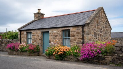 Charming Stone Cottage Surrounded by Vibrant Flower Beds in a Serene Rural Setting Perfect for Summer and Spring Photography