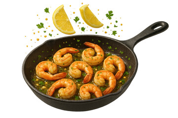 Sizzling garlic butter shrimp in cast iron pan, isolated on transparent background