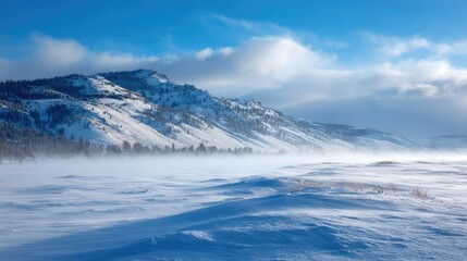 Obraz premium Serene Winter Landscape with Snow-Covered Mountains and Mist Rising Over a Frozen Plain under a Bright Blue Sky
