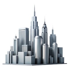 3d silver cityscape model on white isolated on white background