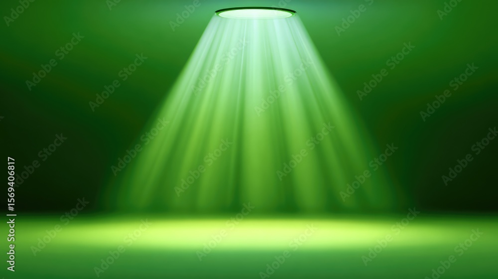 Poster soft green spotlight illuminating undefined space with smooth gradient background and subtle rays of