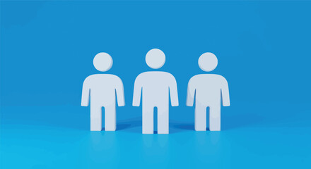 A diverse group of 3D business people, including a blue man and woman, demonstrate strong leadership and teamwork concepts, symbolizing successful community partnership