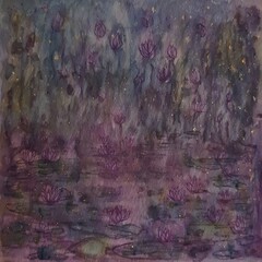 A water-color painting of a mystical pond at night.