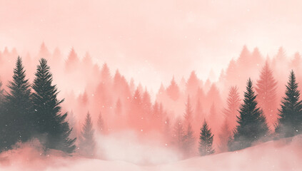 A frozen winter landscape featuring a snowy Christmas tree in a pine forest at sunset under a cold frost sky with a scenic mountain view