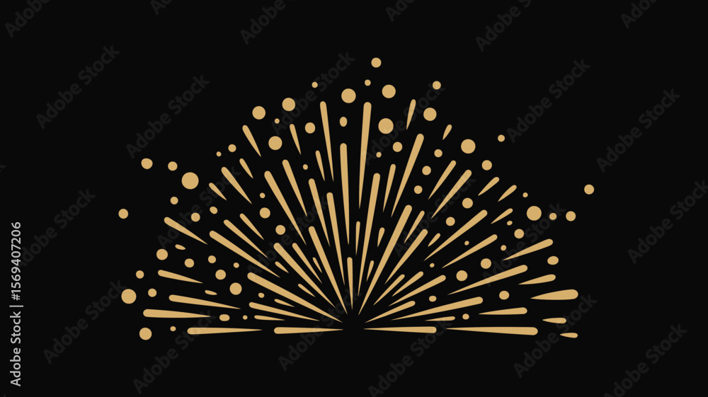 Poster golden burst design with radiating lines and dots on a black background in a semi circular pattern