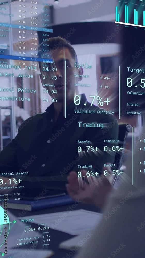 Poster animation of diagrams and data processing over diverse colleagues discussing work in office