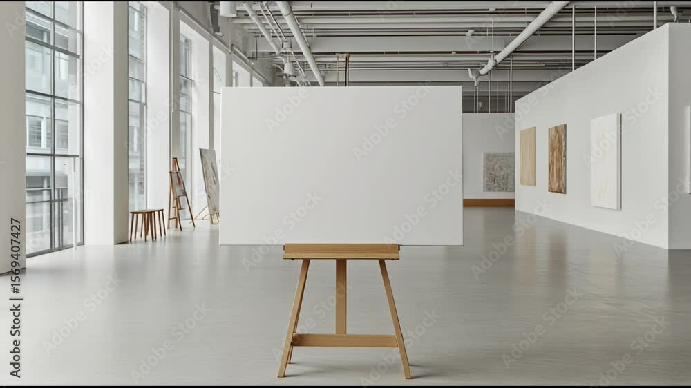 Poster blank canvas: a spacious art gallery sets the stage for a pristine white canvas on an easel, hinting