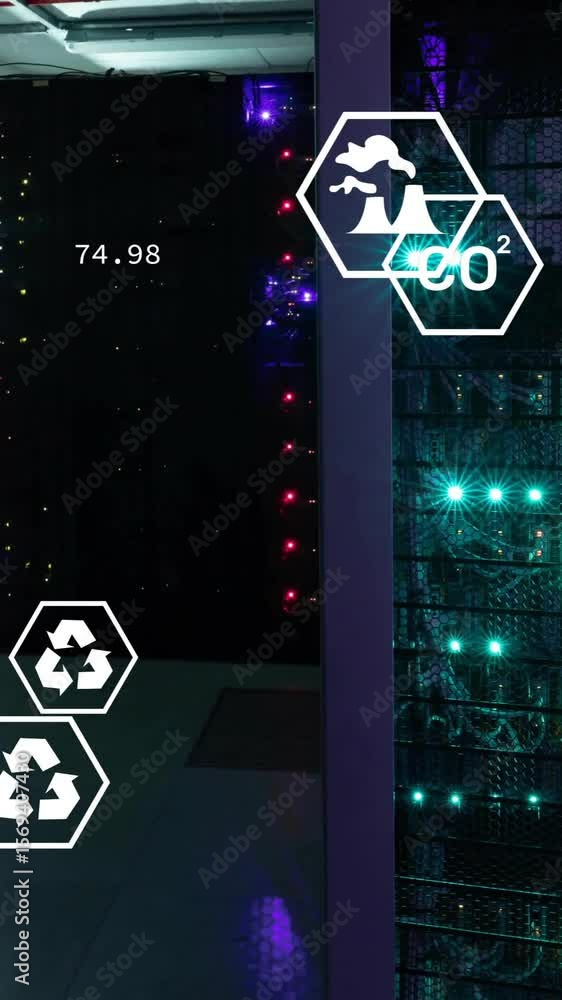Aufkleber animation of ecology icons and data processing over server room