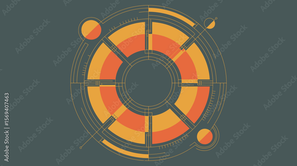 Poster circular graphic design with segmented orange and yellow rings and geometric elements on gray backgr