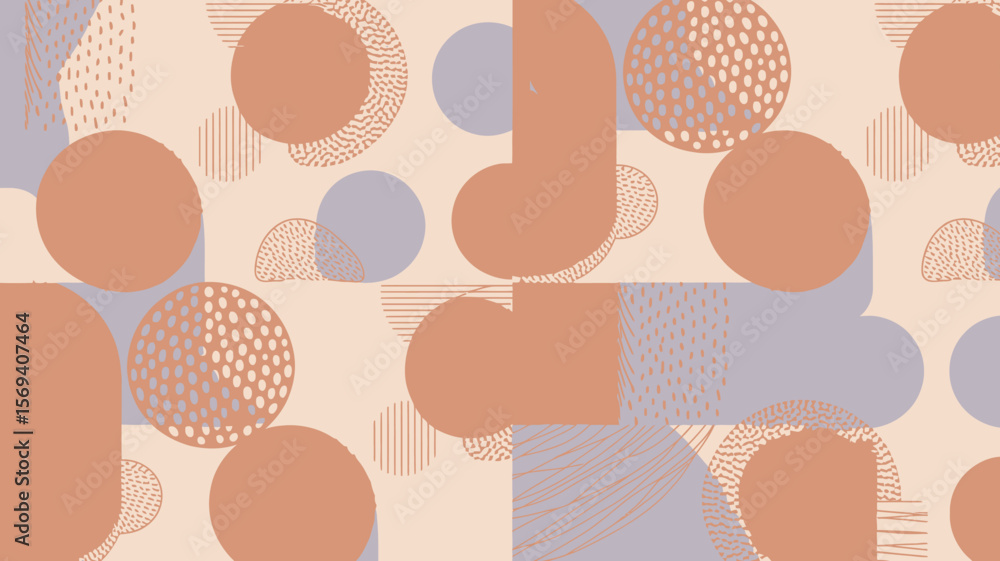 Poster abstract background featuring peach and lavender circles and rectangles with varied line patterns