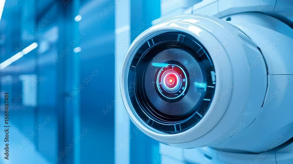Poster high-tech surveillance camera with digital interface mounted in sleek blue hallway. red focal point 
