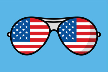 Sunglasses reflect an American flag design with white stars and red stripes on blue