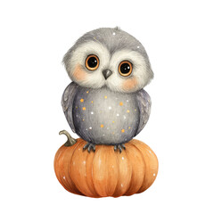 Fototapeta premium Adorable Owl Perched on a Pumpkin Surrounded by Autumn Vibes Perfect for Fall Decor and Seasonal Themes