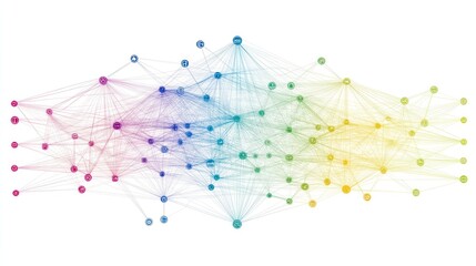 Abstract colorful network nodes and connections visualization.