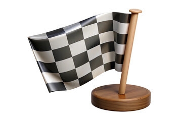 Waving checkered flag on a wooden stand isolated on transparent background